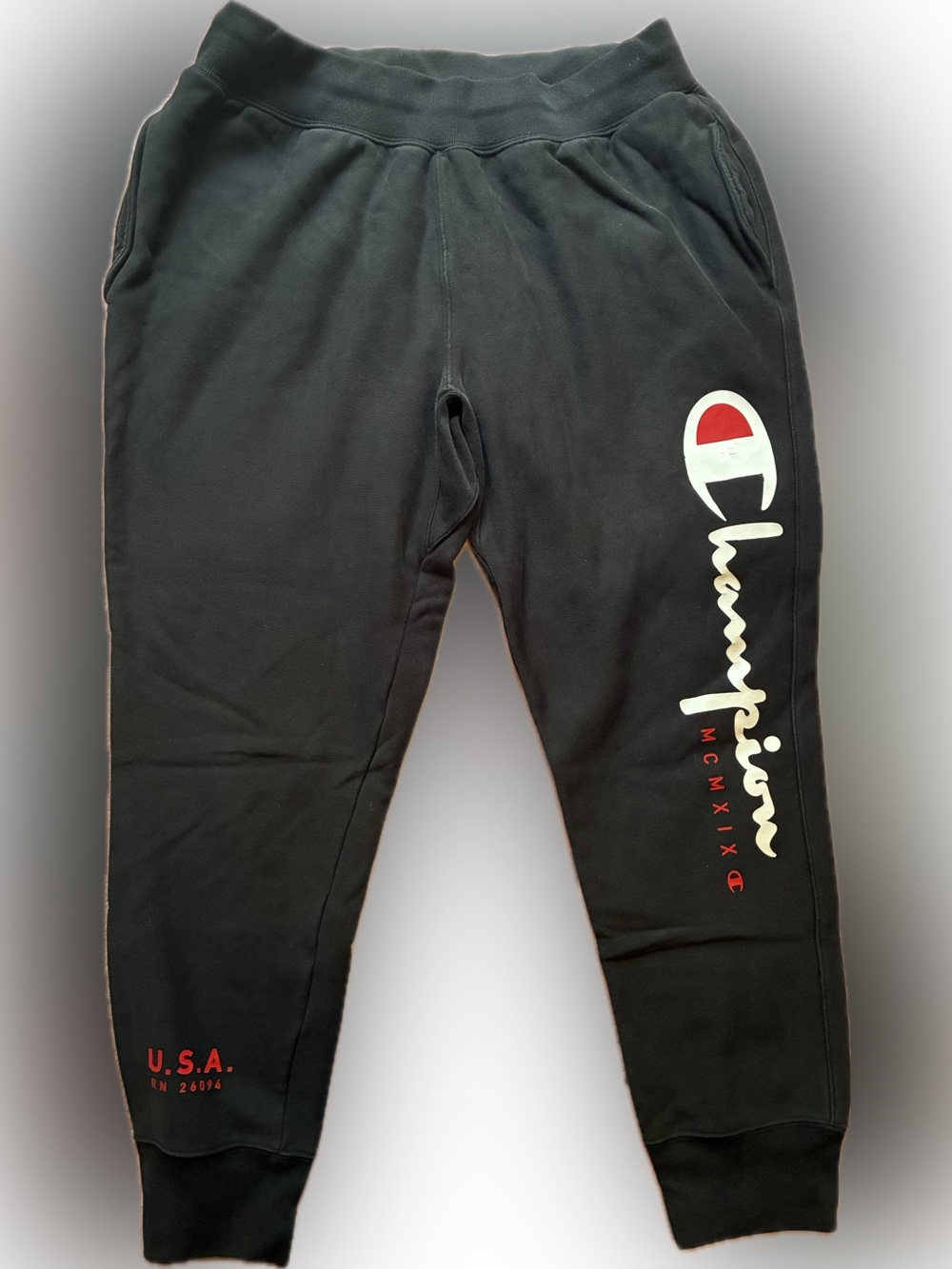 Champion Black Jogger Sweatpants with White & Red Logo Sz XL